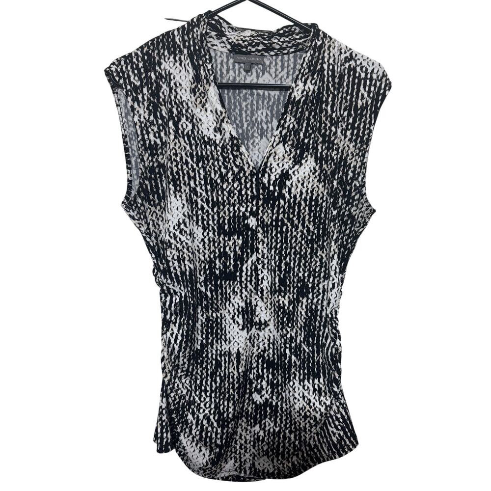 Vince Camuto sz L Sleeveless Stretchy Blouse Office Career black white snakeskin